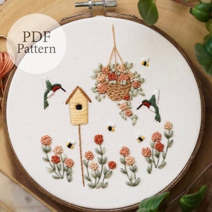 PDF Pattern - 6" Spring Hummingbirds - Step By Step Beginner Embroidery Pattern With YouTube Tutorials