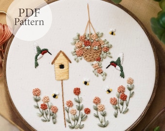 PDF Pattern - 6" Spring Hummingbirds - Step By Step Beginner Embroidery Pattern With YouTube Tutorials