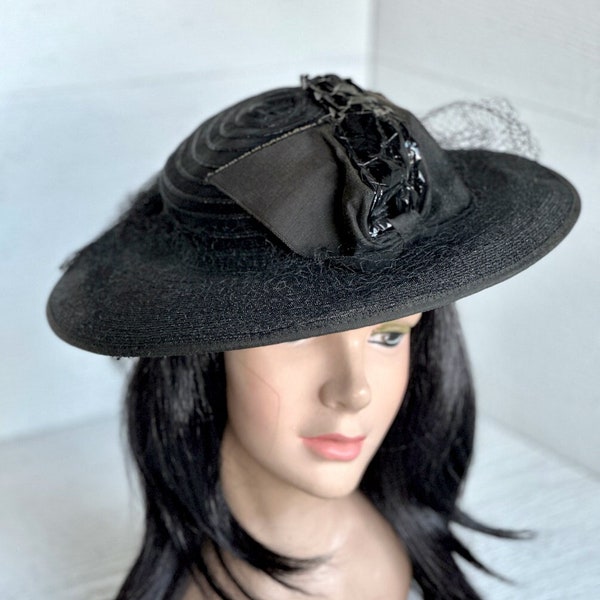 1950s | Cartwheel | Women’s Vintage Hat | Sleek Design | Millinery Art| Retro Style | Black Hat | Vintage Style