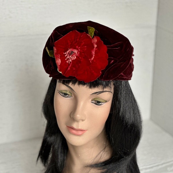 Women’s Vintage Hat | 1940s | Toque | Turban | Burgundy Velvet | Red Velvet Poppies | Millinery Flowers