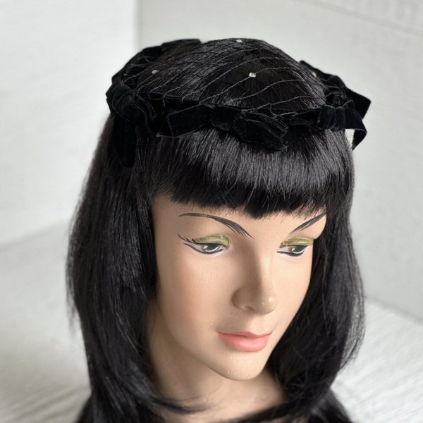 1950s | Vintage Women’s Whimsy Hat | Fascinator | Rhinestones | Black Velvet | Millinery Art | Vintage Fashion | Retro Style