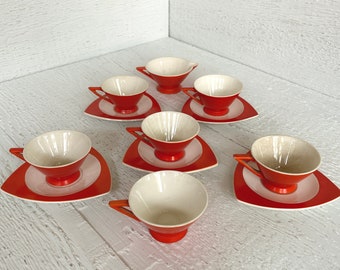 Tricorne / Streamline by Salem China Company, Mandarin, 5 Cups and 5 Saucers, Plus 1 Extra Cup and 1 Creamer, Retro, Mid-Century, Atomic