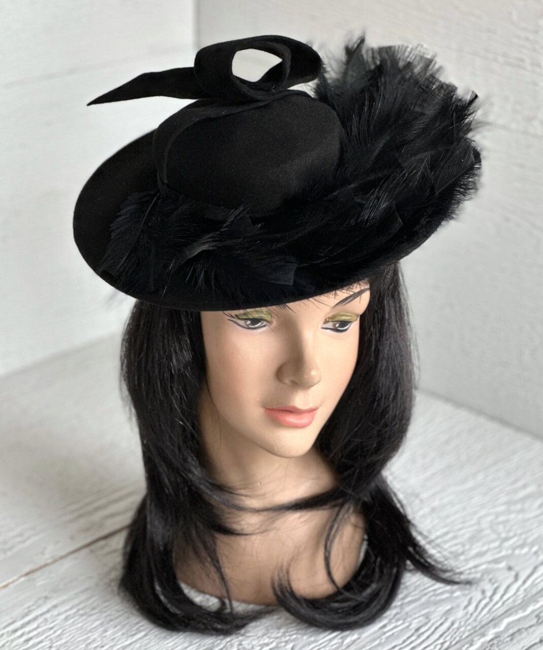 1930s 1940s Vintage Women’s Hat Doll Hat Fascinator Black Felt  Feathers Collector's Hat Retro Style Vintage Fashion