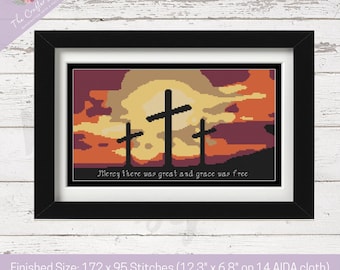 La Crucifixión: Tres Cruces religiosas de cobertura completa patrón de punto de cruz. Versículo de la Biblia, escritura para el arte de la pared ... Descarga digital instantánea