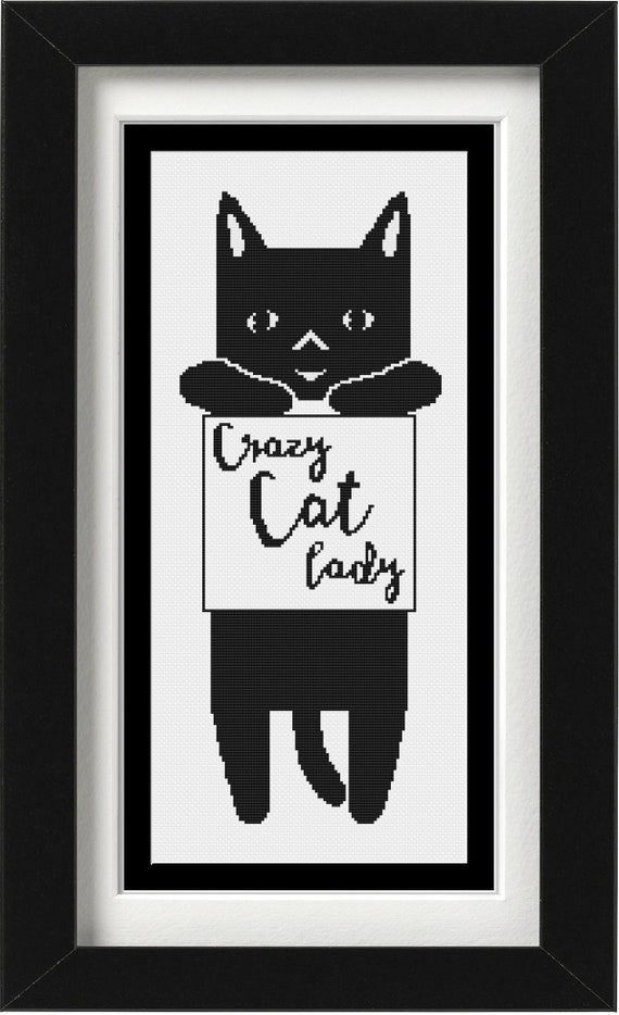 Pet Cross Stitch Pattern: Crazy Cat Lady Black and White Cat Cat Lover Wall art decoration...Instant Digital Download PDF Animal