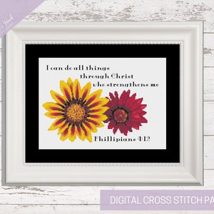 May include: Digital cross stitch pattern featuring a yellow and red flower with the text "I can do all things through Christ who strengthens me Philippians 4:13"