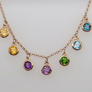 Multi Color &quot;Rainbow&quot; Gemstone Bezel Set 14K Rose Gold Necklace