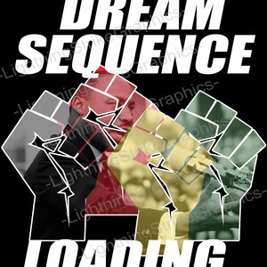 Puede incluir: Diseño gráfico negro con las palabras "DREAM SEQUENCE" en blanco, sobre una serie de puños estilizados en rojo, amarillo y gris. La palabra "LOADING..." aparece debajo de los puños.