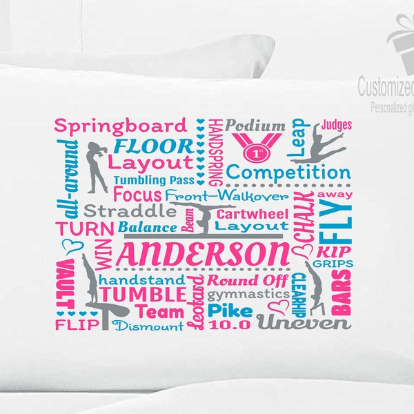 Personalized Gymnastics Pillowcase, Custom Girls Gymnastic Pillow case, Subway Art Gymnastic Pillow Case Typography Gymnast Pillow Case