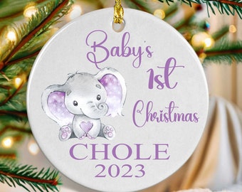 Personalized Baby's First Christmas Elephant Ornament, Baby Jungle Animal Ornament, Safari Animal Ornament