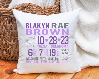 Personalized Elephant Birth Stat Pillow Cover Newborn Announcement Custom Baby Gift Birth Announcement Pillow Cover Safari Birth Pillow