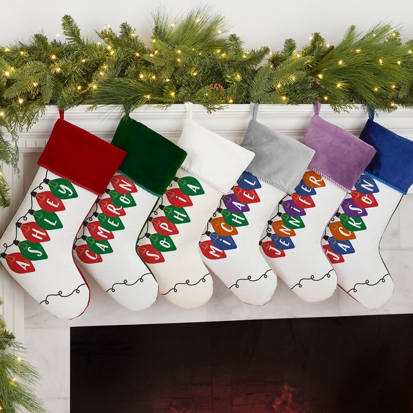 Holiday Lights Personalized Christmas Stocking, Personalized Christmas Decor, Personalized Holiday Stockings, Christmas Mantel Stocking