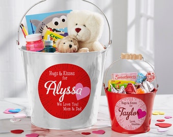 Hugs & Kisses Personalized Treat Bucket, Romantic Gifts, Custom Valentine&#39;s Day Gifts, Valentine&#39;s Day Gifts for Kids
