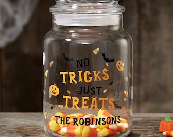 Personalized Halloween Treat Jar – No Tricks Just Treats Glass Candy Jar – Custom Name Halloween Candy Container