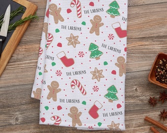 Personalized Christmas Waffle Weave Kitchen Towel – Gingerbread Candy Cane Decor