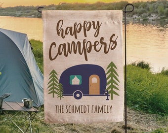 Happy Campers Personalized Camping Flag, New Home Gift, Housewarming Gift, Gift for Couples, Camper Flag, Camper Gift