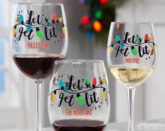 Let's Get Lit Personalized Christmas Wine Glasses, Gifts for Wine Lovers, Gifts for Her, Christmas Party Gifts, Christmas Decor