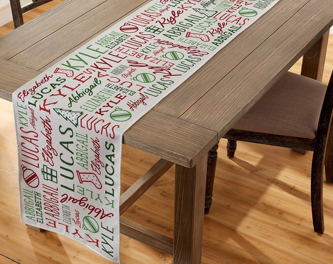 Holiday Repeating Name Personalized Christmas Table Runner – Custom Home Decor – Custom Christmas Decor – Personalized Christmas Decor