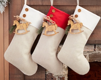 Rocking Horse Personalized Ivory Christmas Stocking, Christmas Gifts, Custom Stocking, Baby Stocking Tag, Christmas Stocking