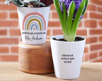 Boho Rainbow Teacher Personalized Mini Flower Pot - Teacher Appreciation Gift - Custom Classroom Decor - End of Year Plant Pot