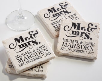 Mr. & Mrs. Personalized Stone Coaster Set, Wedding Gifts, Gifts for Newlyweds, Custom Wedding Gift, Housewarming Gifts