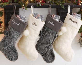 Embroidered Faux Fur Christmas Stocking, Personalized Stocking, Christmas Gift, Custom Stocking, Christmas Decor, Family Stocking