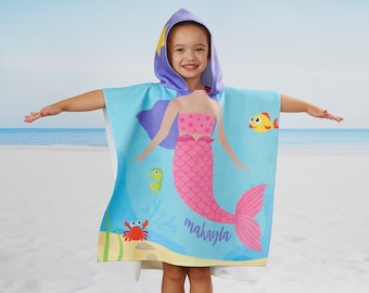 Mermaid Personalized Kids Poncho Beach Towel, Personalized Beach Towel, Gifts for Kids, Custom Bath Towel, Birthday Gift, Summer Gift