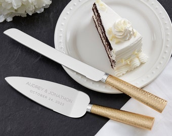 Elegant Couple Engraved Cake Knife & Server Gold Set, Wedding Accessories, Personalized Wedding Cake Server, Personalized Cake Cutting Set