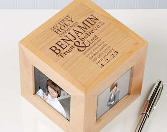 First Communion Engraved Wood Photo Cube, Engraved Picture Frame, First Communion Gift, Religious Gift