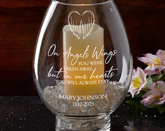 On Angel's Wings Engraved Hurricane Candle Holder, Personalized Memorial Gift, Sympathy Gift, In Loving Memory, Bereavement Gift