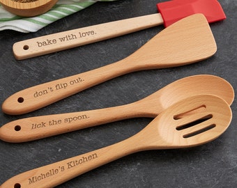 Kitchen Expressions Personalized Beechwood Utensils 4 Piece Set, Gifts for Home, Housewarming Gift, Mother's Day Gift, Christmas Gift