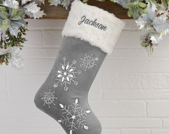 Season's Sparkle Embroidered Grey Stocking, Custom Christmas Stocking, Personalized Stocking, Family Stockings, Custom Stocking