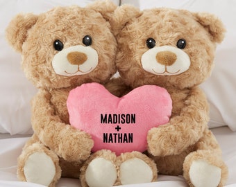 Romantic Personalized Hugging Bears with Pink Heart, Personalized Valentine's Day Teddy, Gift for Her, Girlfriend Gift, Custom Teddy Bear