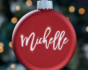 Scripty Name Personalized LED Red Glass Ornament, Personalized Christmas Ornaments, Personalized Name Ornament, Light Up Ornament
