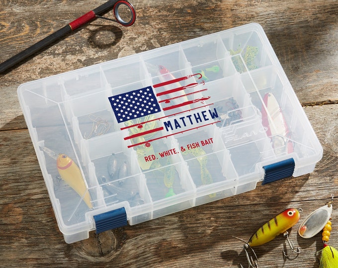 Patriotic Fishing Personalized Tackle Fishing Box, Storage Box, Gifts for Him, Father's Day Gifts, Fisherman Gifts
