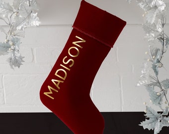 Glistening Name Personalized Burgundy Christmas Stocking, Personalized Holiday Stocking, Custom Christmas Stocking, Family Stockings