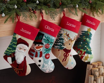 Classic Embroidered Hooked Christmas Stocking, Family Christmas Stocking, Personalized Christmas Stockings, Custom Holiday Stockings