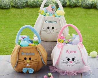 Personalized Easter Bunny Basket – Custom Name Plush Bunny Easter Basket – Embroidered Kids Egg Hunt Bag – Baby's First Easter Bunny Gifts