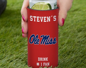 NCAA Ole Miss Rebels Personalized Slim Can Cooler, March Madness Gift, for Him, Sports Gift, Father's Day Gift, Personalized Gifts for Dad