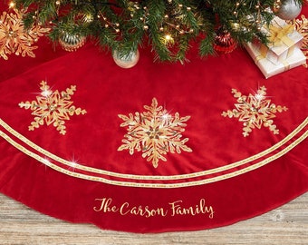 Glistening Snowflake Personalized Red Christmas Tree Skirt, Christmas Home Decor, Custom Family Tree Skirt, Christmas Decor