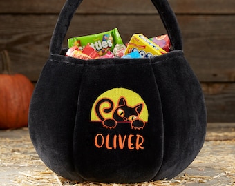 Black Cat Embroidered Plush Halloween Treat Bag – Personalized Candy Basket