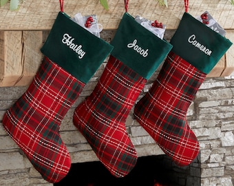 Holiday Plaid Personalized Stockings, Custom Stockings, Personalized Holiday Stocking, Embroidered Stocking, Christmas Decor, Gifts for Xmas