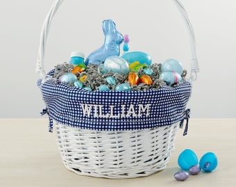 Personalized Navy Check Easter White Basket with Liner, Easter Baskets, Easter Gifts, Easter Gifts for Kids, Personalized Easter Basket