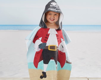 Personalized Hooded Beach Towel – Custom Bath Towel for Kids – Embroidered Pirate Kids Name Pool Towel – Little Kids Beach Poncho