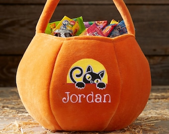 Personalized Black Cat Embroidered Plush Halloween Treat Bag