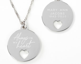 Always In My Heart Personalized Pendant Necklace, Personalized Memorial Gift, Summer Jewelry, Memorial Jewelry, Memorial Necklace