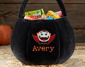 Vampire Embroidered Black Plush Halloween Treat Bag, Trick or Treat Bag, Halloween Bags, Easter Basket, Candy Bag, Custom Halloween