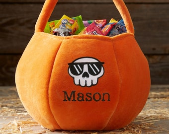 Skull Embroidered Orange Plush Halloween Treat Bag, Trick or Treat Bag, Halloween Bags, Easter Basket, Candy Bag, Custom Halloween