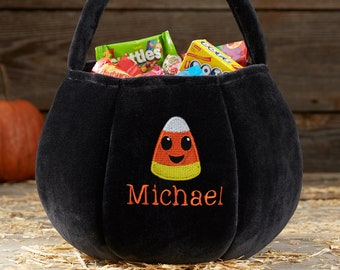 Candy Corn Embroidered Black Plush Halloween Treat Bag, Trick or Treat Bag, Halloween Bags, Easter Basket, Candy Basket, Custom Halloween