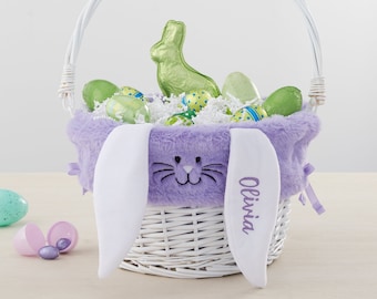 Personalized Purple Bunny Easter Basket Liner & White Basket with Folding Handle, Easter Baskets, Easter Gifts, Gifts for Kids, Kids Gifts